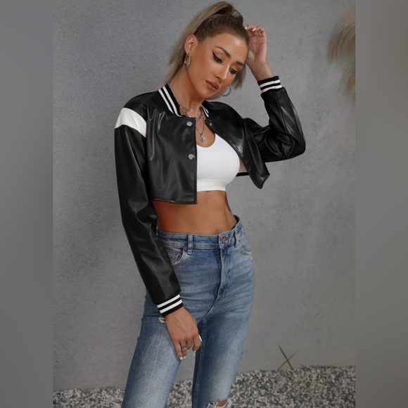 Cropped Faux Leather Bomber Jacket - Picture 1 of 5